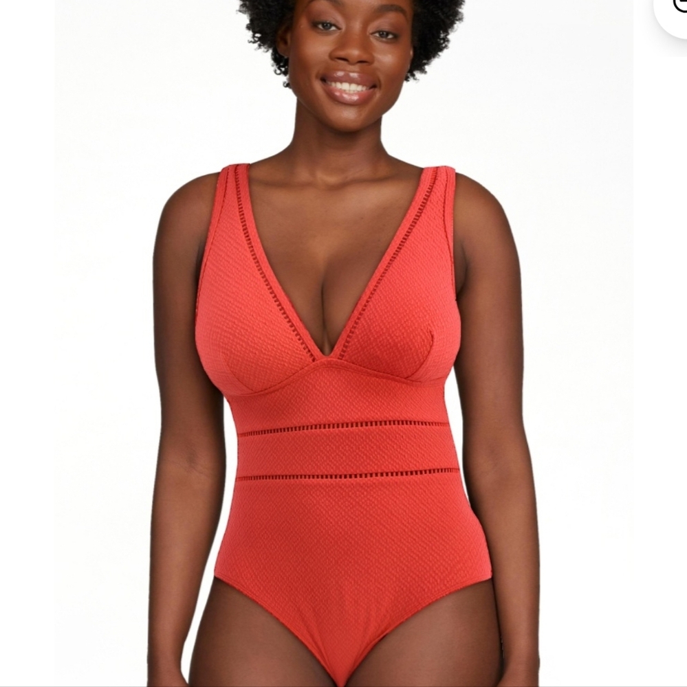 Time and Tru Coral Textured V-Neck One-Piece Swimsuit